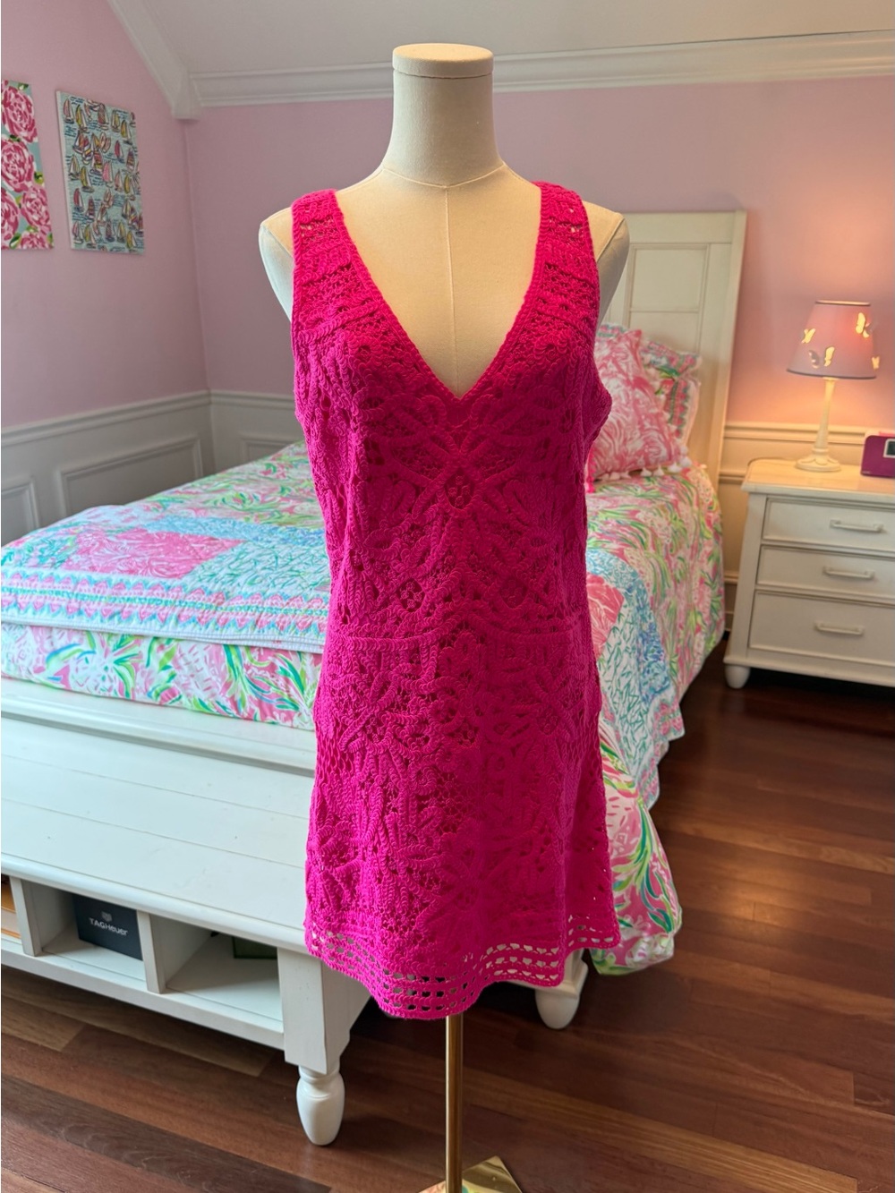 Lilly Pulitzer Hot Pink Crochet V-Neck Coverup
